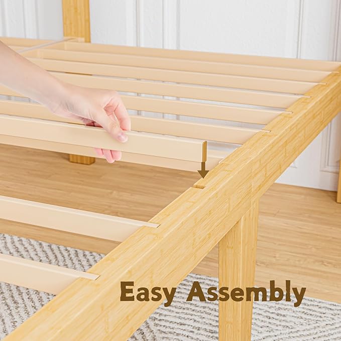 10 Inch High Bamboo King Bed Frame with Headboard and Footboard, Wood Bed Frame King Metal Slat Support Heavy Duty, No Box Spring Needed, Easy Assembly, Noise Free, Reinforced