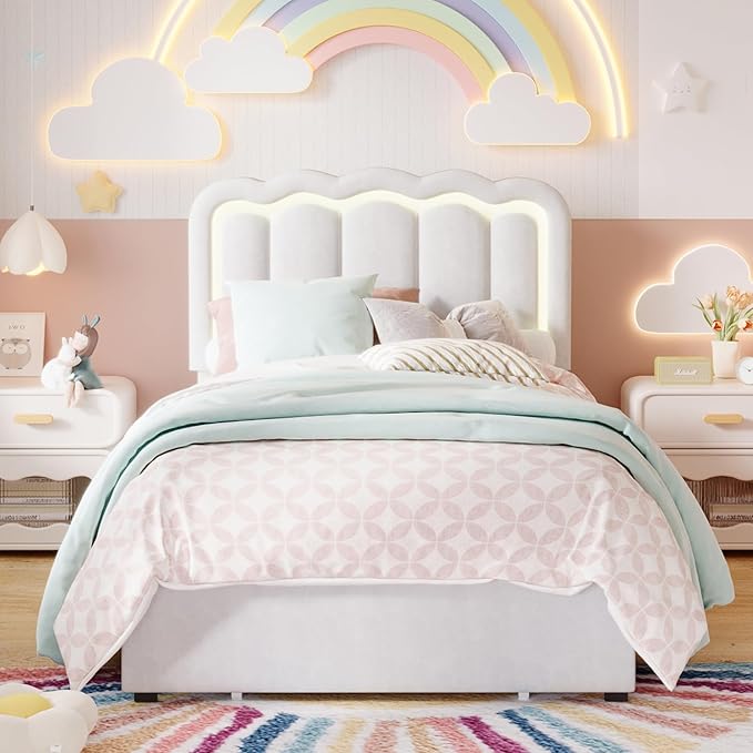 SHA CERLIN Upholstered Twin Size Bed Frame with LED Lights and Large Storage Drawer, Velvet Platform Bed with Adjustable Wavy Headboard, Noise Free, Easy Assembly, No Box Spring Needed, Soft White