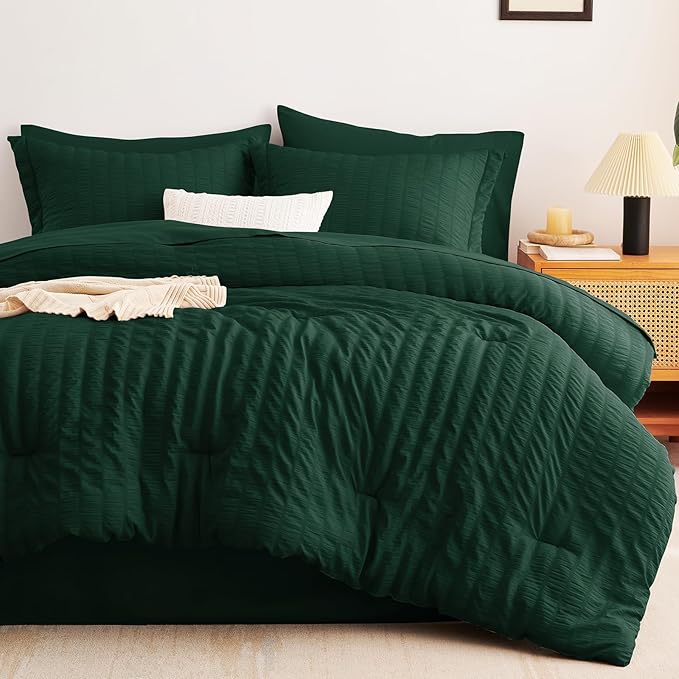 CozyLux Oversized Queen Comforter Set Emerald Green Seersucker 7 Pieces 98x98 Bed in a Bag Comforter Set with Sheets, Luxury Bedding Sets with Down Alternative Comforter, Sheets, Pillowcases & Shams