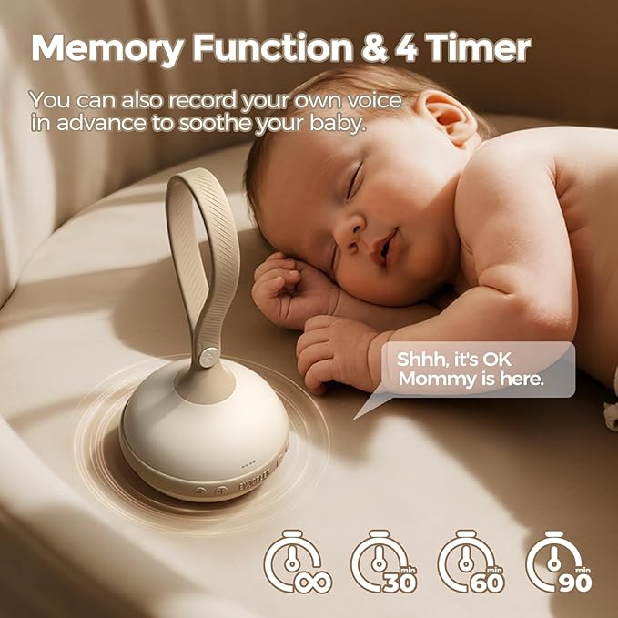 EVOCELER Portable White Noise Sound Machine for Baby Adult with 9 Soothing Sound Memory Function, 64h Powerful Battery for Home Travel Office, Toddler Lock, Reinforced Clip, Baby Registry Gift White