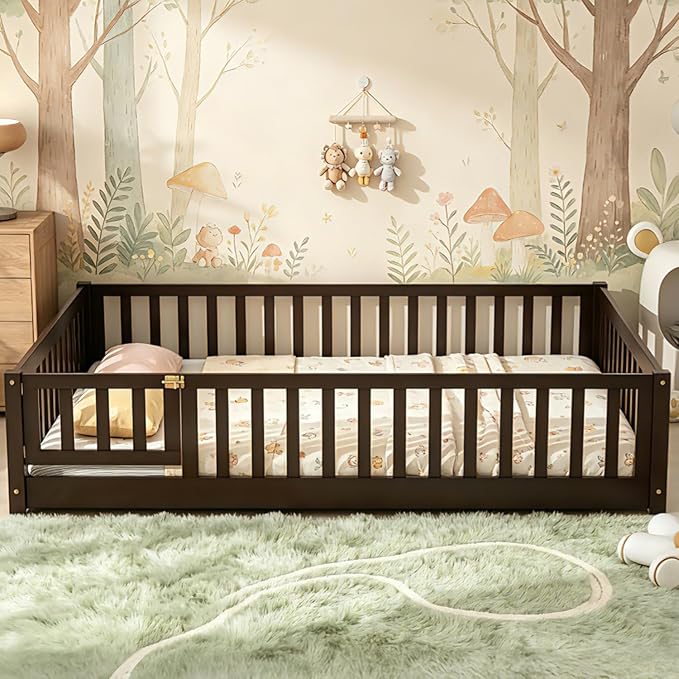 Bellemave Full Size Montessori Floor Bed Frame with Rails & Door, Solid Wood Kids Floor Bed Full with Removable Slats, Low Profile Montessori Bed for Children’s Sleep & Play, Espresso