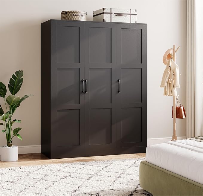 Garvee 3 Doors Wooden Wardrobe Closet, Morden Wardrobe Armoire with Doors and Shelves, Standing Closet Cabinet for Hanging Clothes, Large Capacity Storage Cabinet for Bedroom, Black