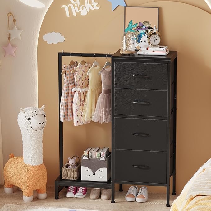 HIGDBFE Dresser with Hanging Rack, 4 Drawers Small Closet for Bedroom, Reversible Fabric Kids Chest of Drawers with Clothes Rack, Tall Storage Tower, Sturdy Frame, Black, 44''H