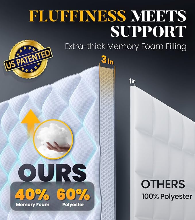 3 Inch Ultra-Fluffy Memory Foam Mattress Topper Full, Extra Soft Pillow Top Full Mattress Topper with 4X Support, Mattress Pad with Breathable Air Mesh Sides, 6-21'' Deep Pocket