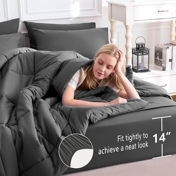 CozyLux Oversized King Comforter Sets Dark Grey, 7 Pieces Bed in a Bag, Ultra-Soft All Season Bedding Sets with Stitch Quilted Comforter, Flat Sheet, Fitted Sheet, Pillowcases, Dark Gray