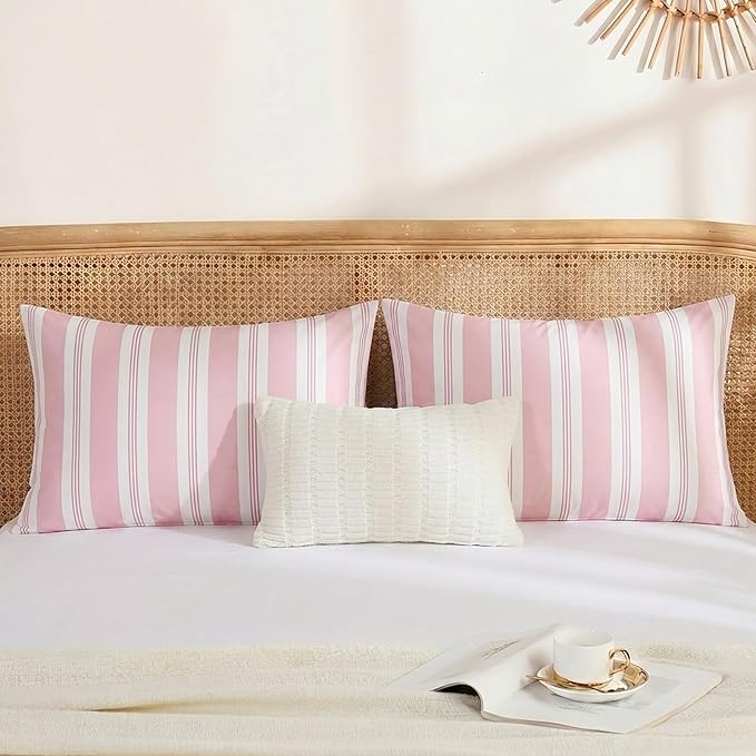 Merryword Pink Striped Pillowcases, 100% Cotton Pillow Cases, Queen Size Pillowcases, Luxury Linen Like Pillowcase, Soft Breathable Stripe Pillow Covers, Set of 2