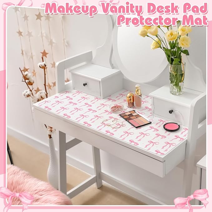 Teenyyou Coquette Bow Makeup Mat for Vanity Top Protector Graduation Gift Dual Side Leather Desk Mouse Pad Girly Waterproof Nonstick Dressing Accessories for Women Home Office(Pink,15.7"x31.5")
