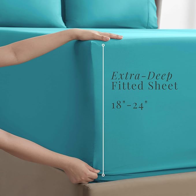 Hearth & Harbor Extra Deep Pocket Sheets - Fits Mattress 18-24 Inches Deep - Extra Deep Pocket Twin XL Sheets Sets - 4 Piece Twin XL Size - Teal