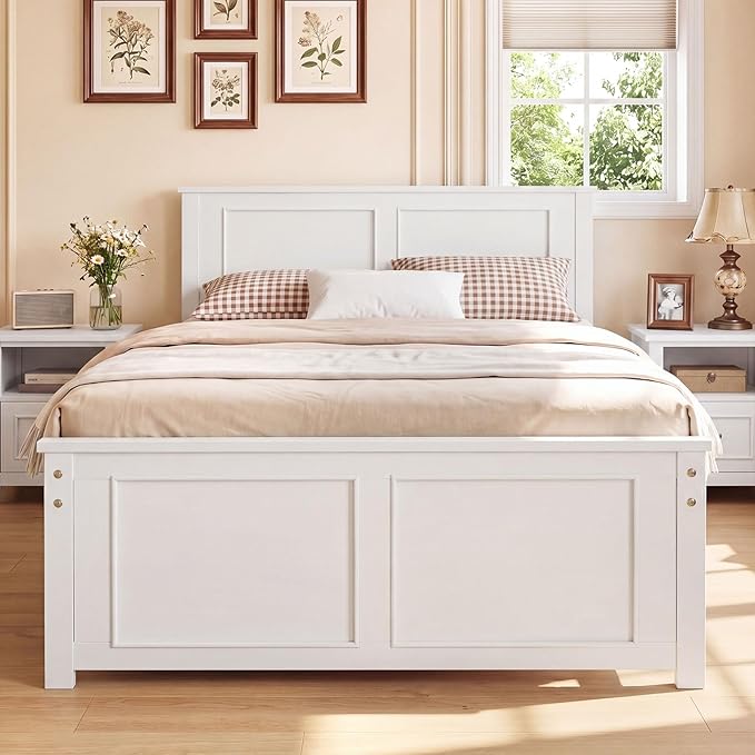 Giantex Wood Twin Bed Frames with Headboard, Farmhouse Solid Platform Bed w/Wooden Slat Support Mattress Foundation, Under-Bed Storage, No Box Spring Needed, White