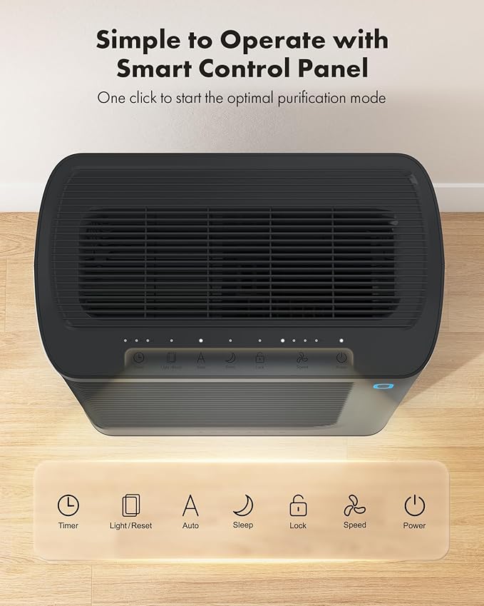 T356 New Black Air Purifier for Home Large Room Bedroom Up to 1937 Ft² in 1 Hr With Double-sided Air Inlet, Air Quality and Light Sensors, HEPA Sleep Mode for Allergies, Dust, Smoke, Pet Hair
