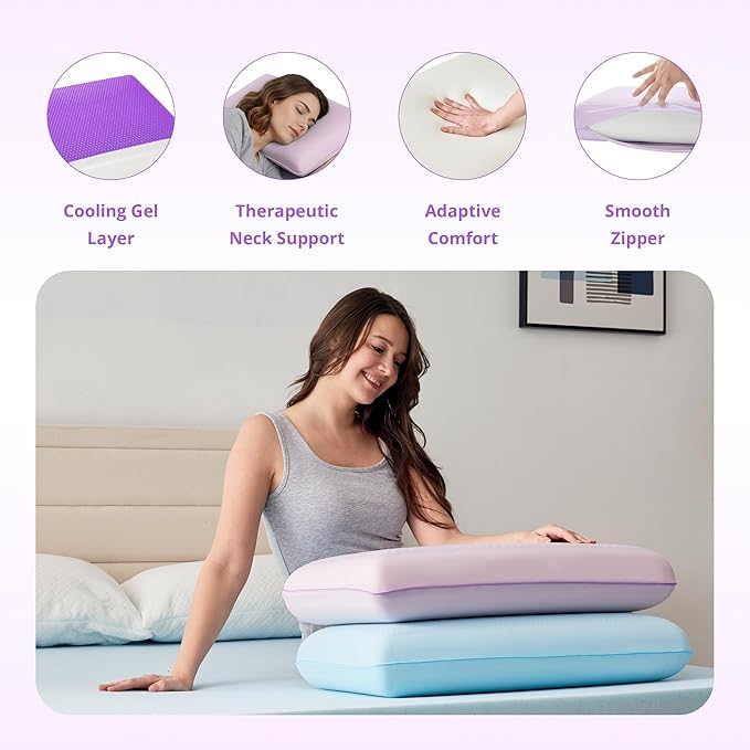 Gelsea Cooling Gel Memory Foam Pillow - Reversible Design, Neck Support for Side, Back, Stomach Sleepers, Standard Size, Removable & Machine Washable Cover, Pressure Relief for Hot Sleepers, Purple