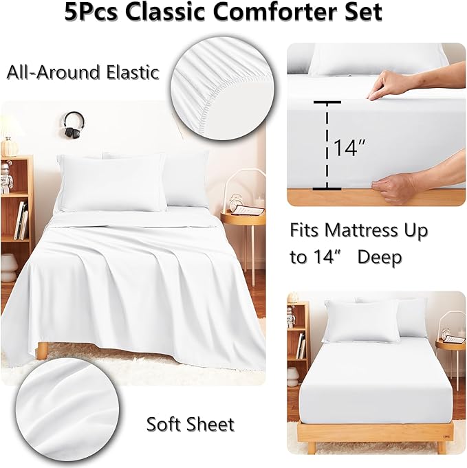 CozyLux Twin XL Comforter Set White - 5 Pieces Twin Extra Long Bed in a Bag for College Dorm, All Season Bedding Set for Girls and Boys, Soft Bed Set with Comforter, Sheets, Pillowcase & Sham