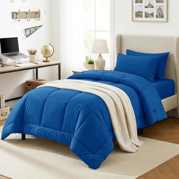 CozyLux Twin XL Comforter Set Classic Blue, 5 Pieces Twin Extra Long Bed in a Bag for College Dorm, All Season Bedding Set with Stitch Quilted Comforter, Flat Sheet, Fitted Sheet, Pillowcases
