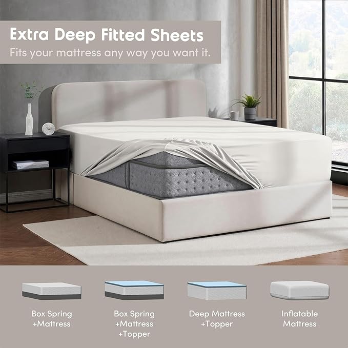 Nestl 4 Pack Off White Fitted Sheet Extra Deep Pocket, Hotel Luxury KingFitted Sheet Only Easily Fits 18 to 24 Inch Mattress, Super Soft, Wrinkle-Free and Breathable with Corner Straps