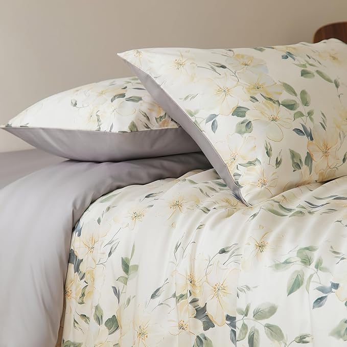 VM VOUGEMARKET Magnolia Flower Duvet Cover Set Queen,Long Staple Cotton Bedding Set,Shabby Chic Silky Smooth Sateen Duvet Cover with 2 Pillocases for Spring & Summer