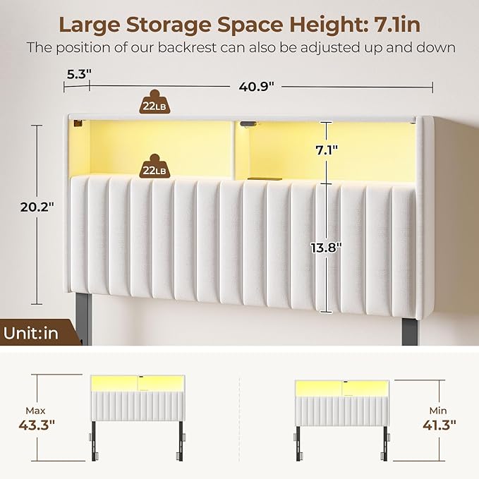 Rolanstar Headboard for Twin Size Bed with Storage, 60,000 DIY Color of LED Light, Head Board with USB & Type C Port, Height Adjustable, Velvet Upholstered, Comfortable Modern, Light White