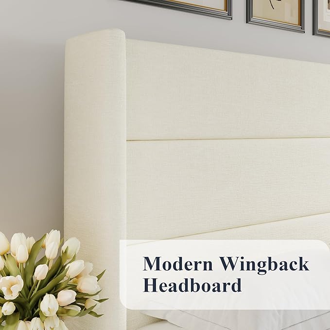 Allewie Full Size Lift Up Storage Bed, Chenille Fabric Upholstered, Modern Wingback Headboard, Hydraulic Support, No Box Spring Needed, Cream White