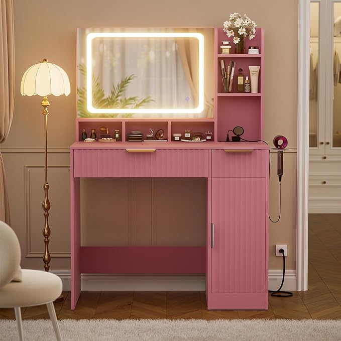 Cyclysio Fluted Vanity Desk with Mirror and Lights, Wood Makeup Vanity Desk with Power Strips, Modern Dressing Table with Drawers & Cabinet for Bedroom, Pink