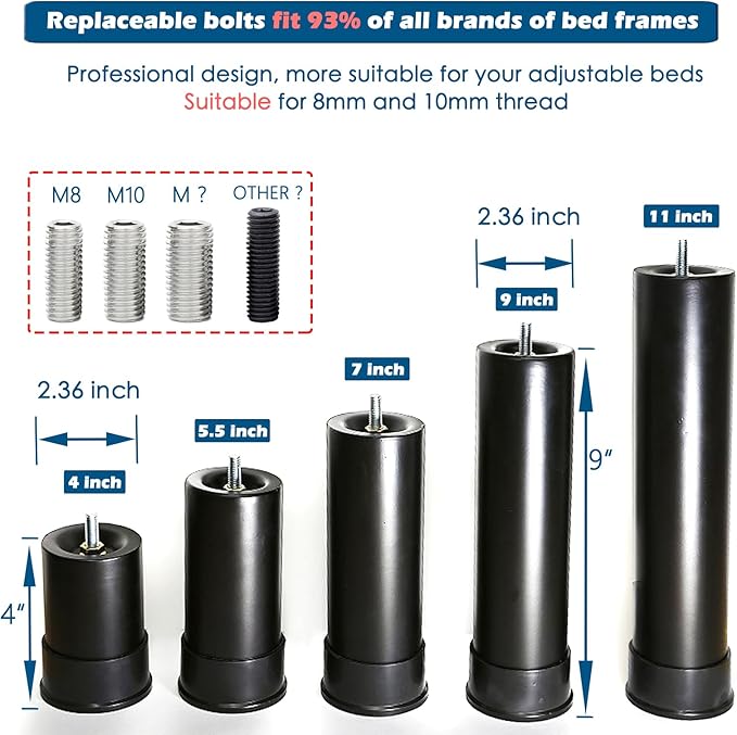 Benbuoo 5.5 Inch Metal Adjustable Bed Base Frame Leg Replacement Heavy Duty Extra Height Leg Compatible with 93% of Frameworks Such as M8 M10 M12 Thread (Set of 4), Black, 5.5in