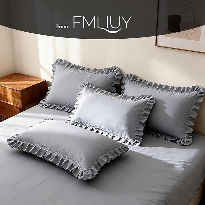 Ruffle Pillow Cases Standard Size Set of 2 –Soft Wrinkle Resistant Brushed Microfiber Ruffled Pillowcases –Envelope Pillow Shams Cover Festive Gift for Hotels,Rooms 20x26 Inch (Silver Gray)
