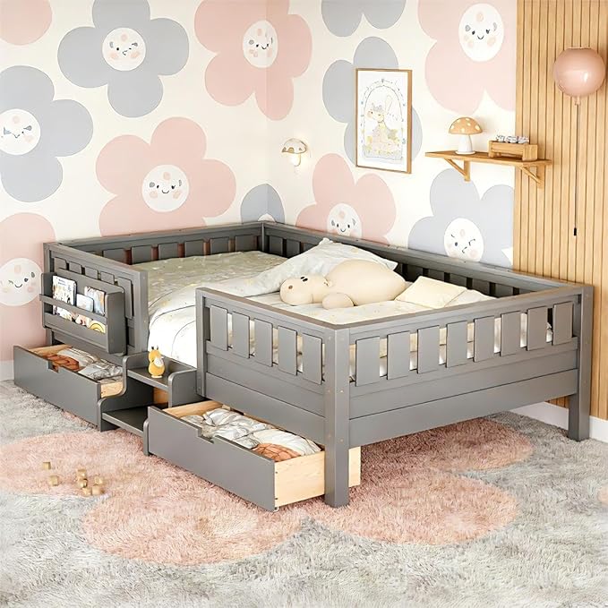 Bellemave Queen Bed with Storage Drawers & Bookshelf, Low Profile Kids Bed Frame with Staircase & Full Length Guardrails, Solid Wood Queen Bed for Kids with Slats Load 550LBS, Easy Assembly, Grey