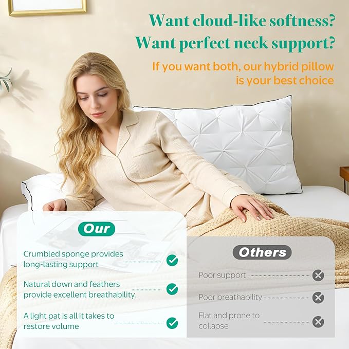 Premium Hybrid Goose Feather Down Pillows King Size Set of 2 with 100% Organic Cotton Cover, Hotel Collection Bed Pillows for Sleeping, White Fluffy Soft Gusseted Pillows (18"x34"+2" Gusset)