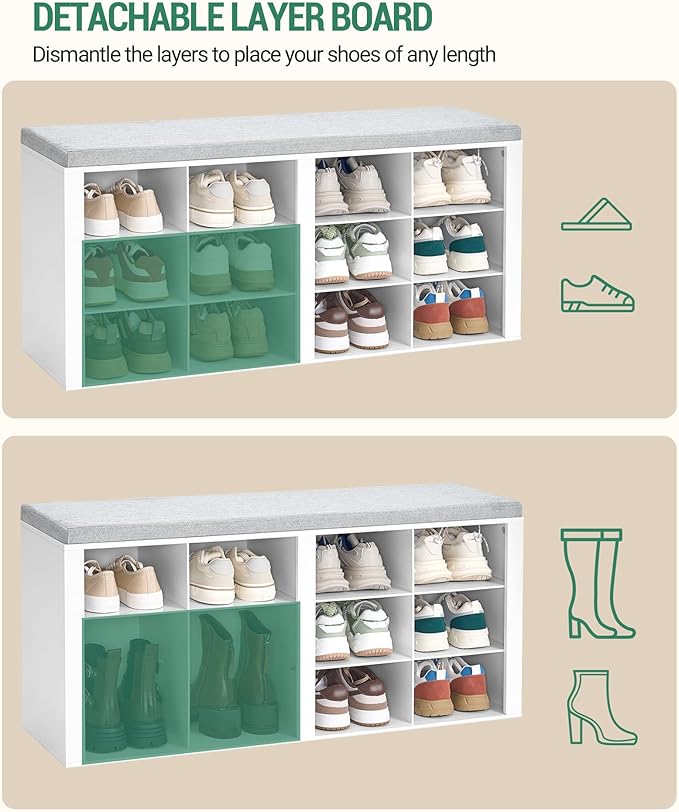 Hzuaneri Shoe Bench with Cushion, Entryway Storage Bench with 12 Cubbies, Cubby Shoe Rack with Adjustable Shelves, Shoe Organizer Cabinet for Living Room, Bedroom, Entryway, White SB19003GY
