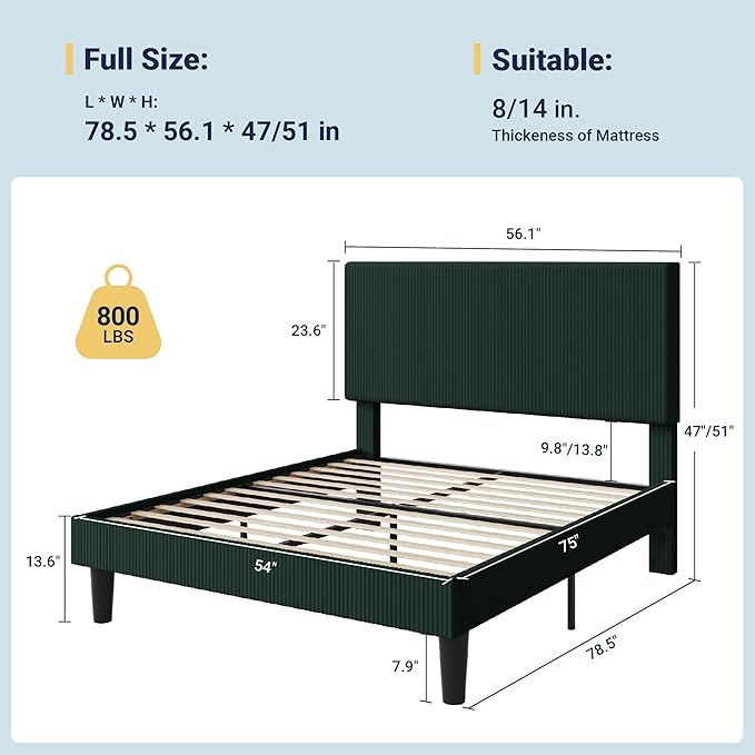 Allewie Full Size Upholstered Bed Frame with Vertical Channel Tufted Headboard, Soft Corduroy Fabric Platform Bed, Strong Wooden Slats Support, Easy Assembly, No Box Spring Needed, Dark Green