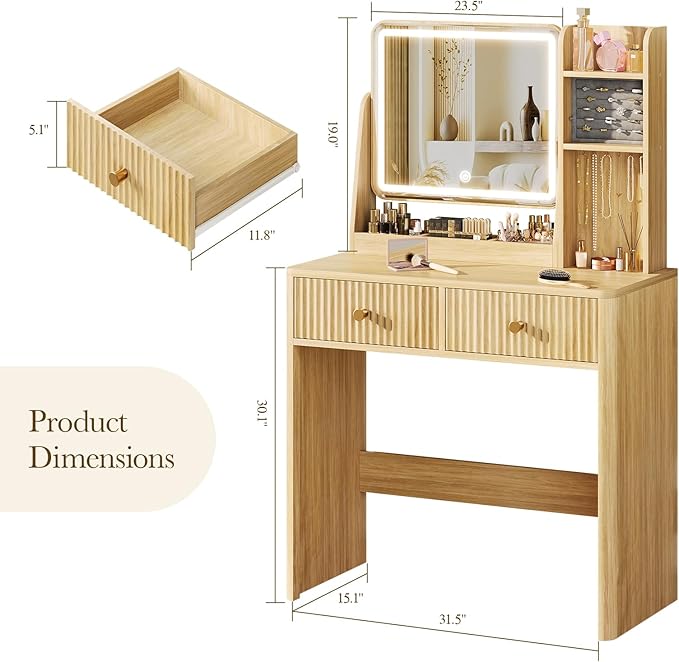 Memobarco Fluted Vanity Desk with Mirror and Lights, Small Makeup Vanity with 2 Drawers and Jewelry Storage Cabinet, 3 Lighting Modes Adjustable Brightness, Dressing Table for Bedroom - Natural Oak