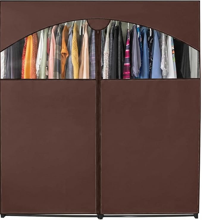 HOLDN’ STORAGE Portable Wardrobe Closet - 65 lb Large Capacity, Internal Heavy Duty Metal Rod, Zipper & Clear Window, Durable Clothes Organizer, Tool-Free Easy Assembly, Brown Canvas Cover