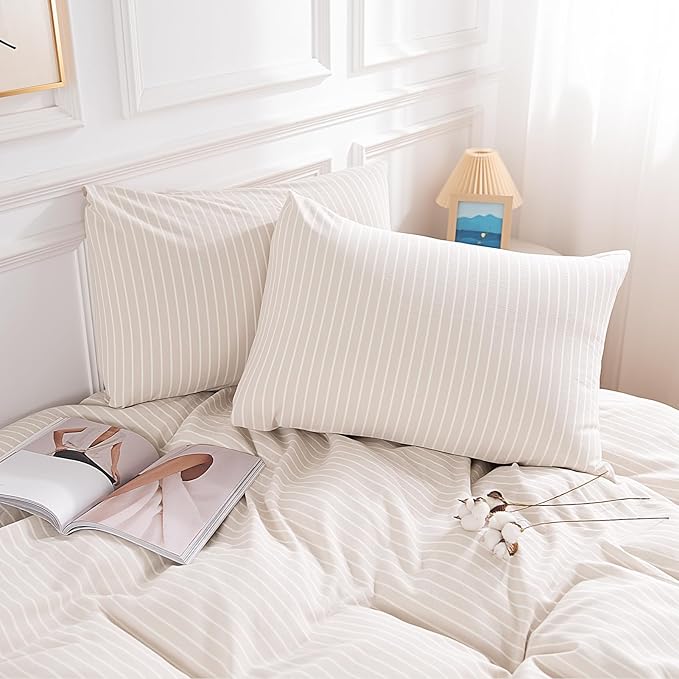 NEXHOME PRO Striped Duvet Cover Super King,100% Washed Cotton Bedding Set,Textured Linen Feel,Breathable,Organic,3 Piece(White Stripes 108x98)