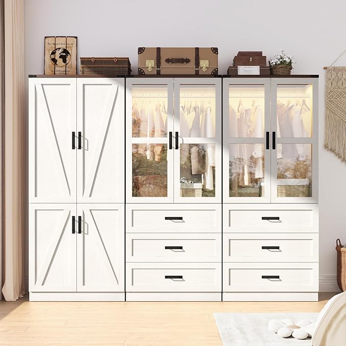 75" Tall Farmhouse 6 Doors Armoire Wardrobe Closet with 3 Drawers and LED,Freestanding Closet Wardrobe Cabinet for Bedroom with Hanging Rod,Wooden Armoire Storage Cabinet(Rustic Off White 6 Doors 2)