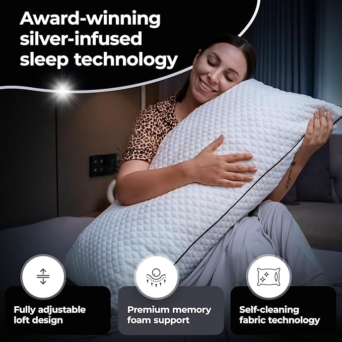 Silvery Silver Infused Bed Pillow - Shredded Memory Foam Fill with Adjustable Loft - Hypoallergenic Self-Cleaning Technology that Stays Fresh 3X Longer - Perfect for Side, Back & Stomach Sleepers