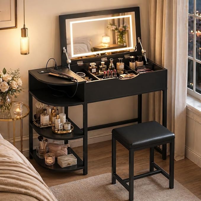 Cyclysio Vanity Desk with Flip Top Mirror and Lights, Makeup Vanity Desk with Drawers, Dressing Table with Storage Shelves & Charging Station, Small Vanity for Small Spaces, Black