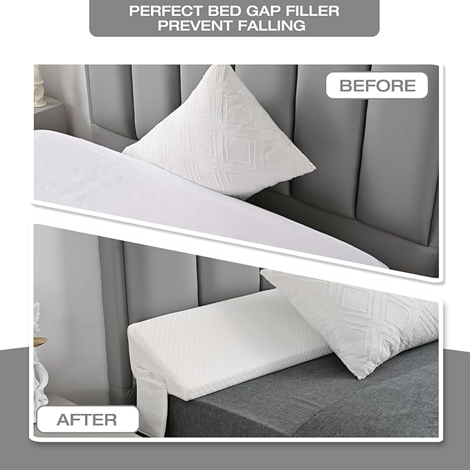 Queen Size Wedge Pillow Headboard Gap Bed Crack Filler Triangle Nora Pillows Long Plus Gap(0-8") Between Mattress and Headboards for Dorm Sleeping Backest Room Accessories Apartment Must Haves White