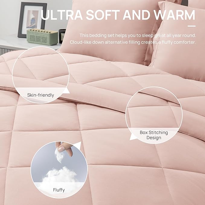 Love's cabin Queen Comforter Set Pink, 7 Pieces Queen Bed in a Bag, All Season Bedding Sets with 1 Comforter, 1 Flat Sheet, 1 Fitted Sheet, 2 Pillowcase and 2 Pillow Sham | Soft, Breathable, Lightweight, Comfortable