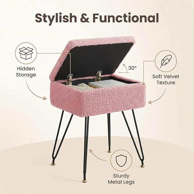 Vanity Stool Chair, Faux Teddy Fur Ottoman Foot Stool with Metal Legs & Adjustable Black Feet, Flip Top Storage Makeup Stool with Soft Padded Seat, Foot Rest for Makeup Room Bedroom, Pink