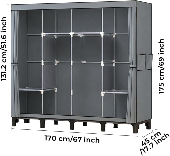 Portable Closet Wardrobe Closet for Hanging Clothes with 4 Hanging Rods for Bedroom, Non-Woven Fabric Clothes Closet for Living Room Easy Assemble (Gray, 4 Columns, 66.9 inch Width)