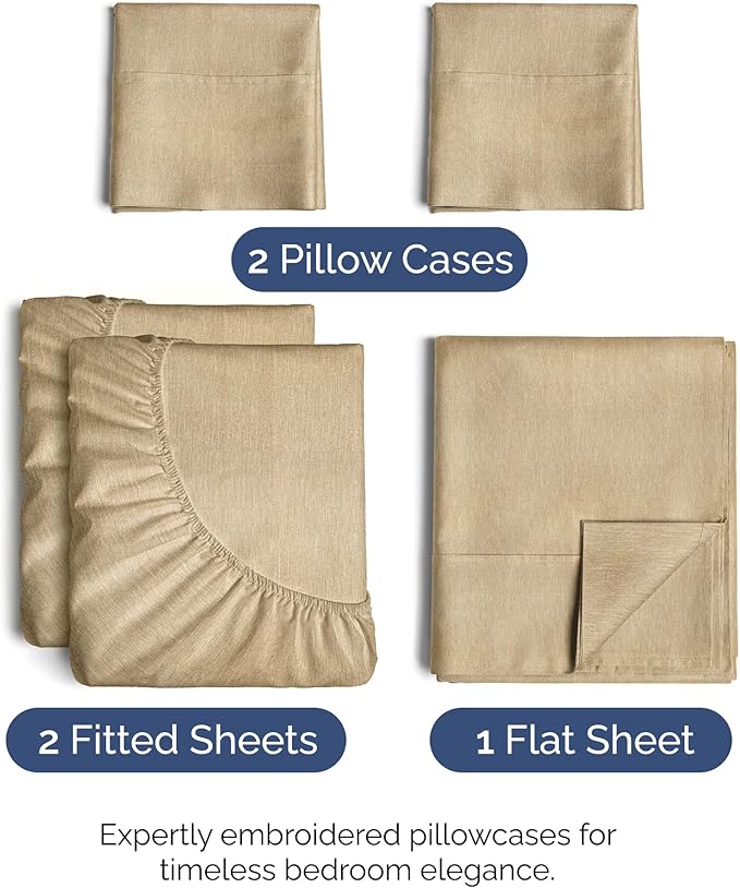 Split King Size 5 Piece Sheet Set - Comfy Breathable & Cooling Sheets - Hotel Luxury Bed Sheets for Women & Men - Deep Pockets, Easy-Fit, Soft & Wrinkle Free Sheets - Heathered Tan Oeko-Tex Bed Sheets