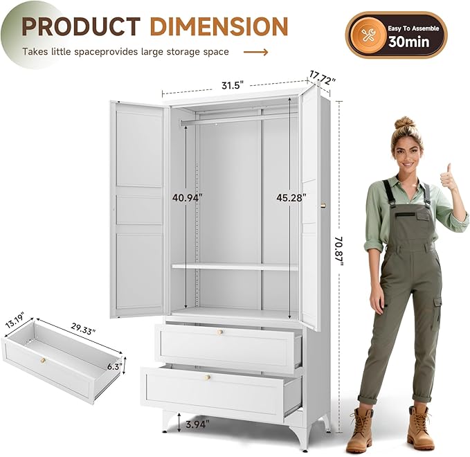 Letaya 71" Metal Wardrobe Cabinets with 2 Drawers,Steel Armoire Wardrobe Closet with Doors and Shelves,Clothing Storage Cabinets with Hanging Rod for Bedroom, Gym, Cloak Room,White