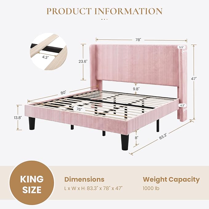 SHA CERLIN King Size Corduroy Upholstered Platform Bed Frame with Vertical Channel Tufted Wingback Headboard, 8" Under Bed Storage, Wooden Slats & Metal Frame Support, Easy Assembly, Light Pink