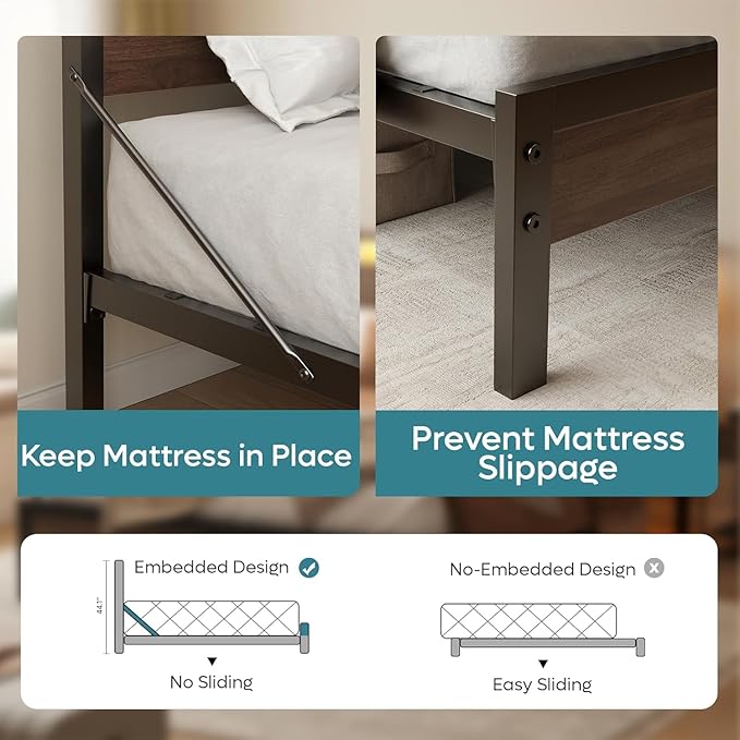 Bestier Queen Size Bed Frame with Headboard and Charging Station,Platform Metal Bed Frame with LED Light,Non-Slip Bed Frame, Noise-Free, Easy Assembly,Walnut