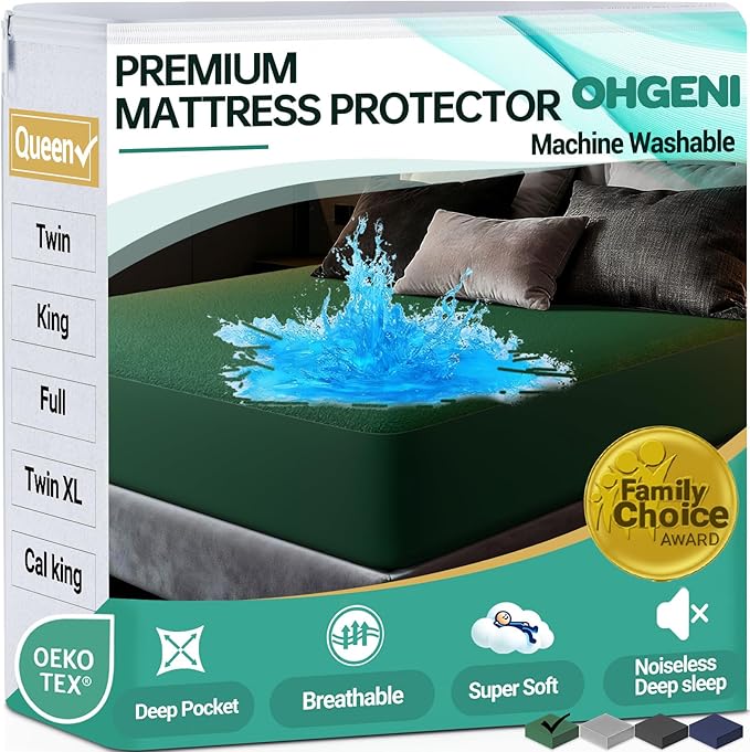 OhGeni 100% Waterproof Mattress Protector, Queen Size Green, Fitted Sheet with Deep Pockets, 6''-18'', Premium Noiseless Breathable Soft Material, Mattresses Cover for Bed