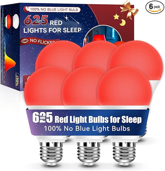 Neporal Red Light Bulbs for Sleep 9W, 100% Blue Light Blocking Night Light, 625nm Red Light Bulb for Melatonin Promoting, A19 60W Equivalent Dim Light Bulbs for Bedroom, Baby Nursery,6 Packs
