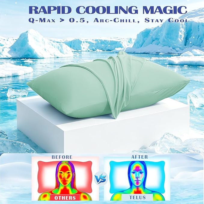TELUS Cooling Pillowcases Standard Size 2-Pack, Silky Soft Breathable Pillow Case with Envelope Close, Stay Cool Pillow Cover for Hot Sleepers and Night Sweats, 20x26 Inch, Green