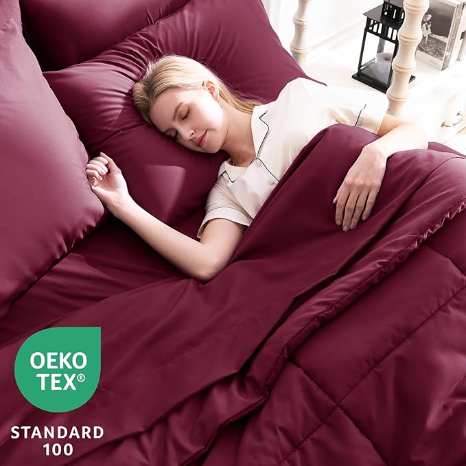 CozyLux King Size Comforter Set Burgundy, 7 Pieces Bed in a Bag, Red Comforter King Size, All Season Bedding Sets with Stitch Quilted Comforter, Flat Sheet, Fitted Sheet, Pillowcases