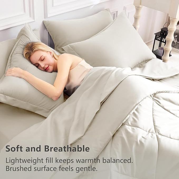 CozyLux King Size Comforter Set Oatmeal - 7 Pieces Bed in a Bag King, Luxury Soft Bed Set for All Seasons, Bedding Set with Down Alternative Comforter, Sheets, Pillowcases & Shams