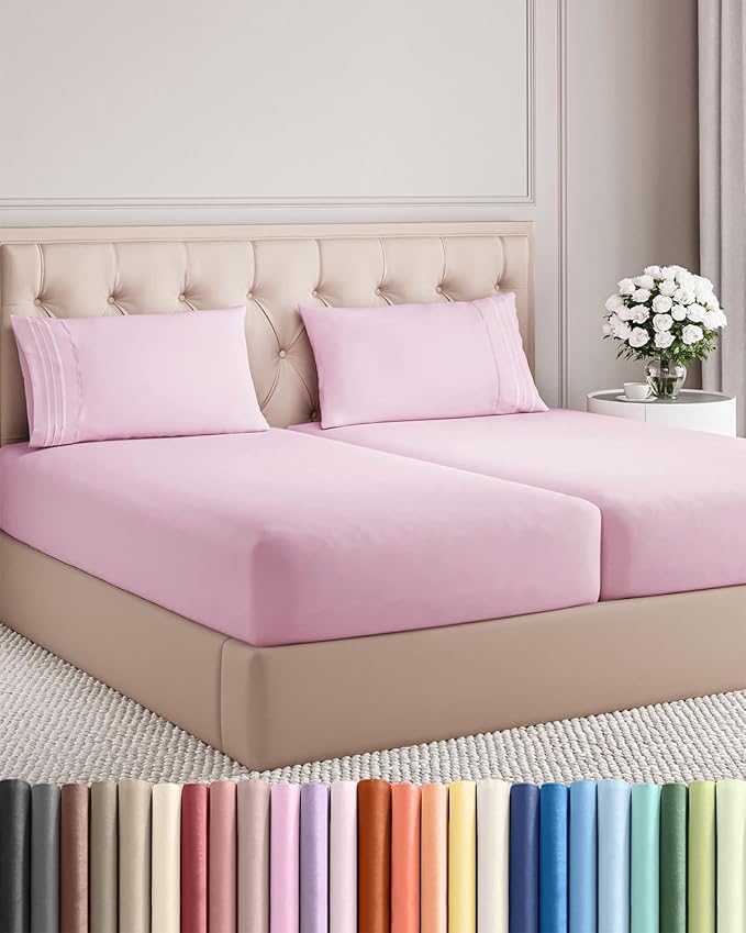 Split King Size 5 Piece Sheet Set - Comfy Breathable & Cooling Sheets - Hotel Luxury Bed Sheets for Women & Men - Deep Pockets, Easy-Fit, Soft & Wrinkle Free Sheets - Light Pink Oeko-Tex Bed Sheet Set