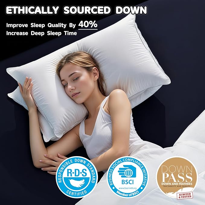Canadian Goose Down Pillows Standard Size 80% Goose Down and 20% Goose Feathers,1440+ Fill Power White Down Pillow with 800 Thread Count Cotton Shell,Ultra Comfort Bed Pillows(White 20"x26" 1 Pack)
