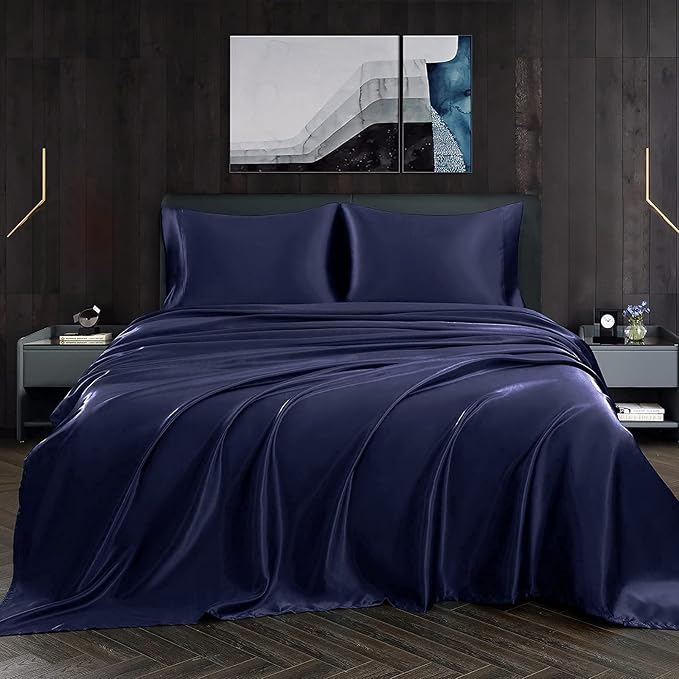 Homiest 3pcs Satin Sheets Set Luxury Silky Satin Bedding Set with Deep Pocket, 1 Fitted Sheet + 1 Flat Sheet + 1 Pillowcase (Twin Size, Navy Blue)